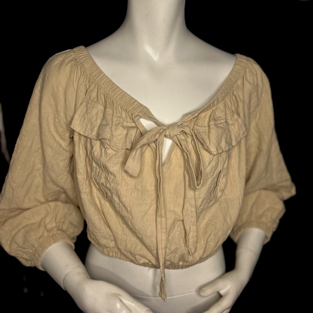 FAVLUX Cream Ruffle Tie-Front Blouse